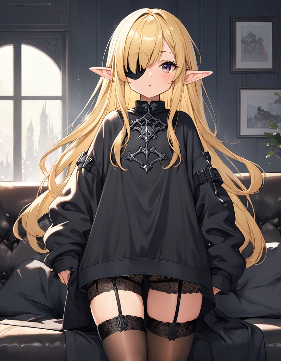 BREAK Perfect Anatomy、(High resolution:1.2)、Incredible illustrations、(Cute illustrations:1.2)、(Beautiful background)(Beautiful background,(on the couch))1gial((blonde hair,shiny hair,hair intakes:1.8,wavy long hair)(cockslut) (Black coat,Gothic combat uniform,,garter stockings,pointy ears,tan:1.7),eyepatch:1.8,) ),(a girl, 1.5meters, 40kg),,17-year-old,flat chest))((oversized clothes:1.8))