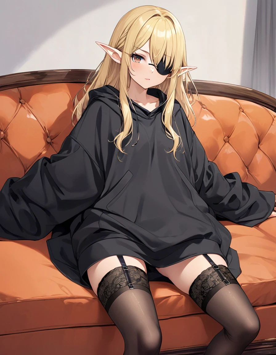 BREAK Perfect Anatomy、(High resolution:1.2)、Incredible illustrations、(Cute illustrations:1.2)、(Beautiful background)(Beautiful background,(on the couch))1gial((blonde hair,shiny hair,hair intakes:1.8,wavy long hair)(cockslut) (Black coat,Gothic combat uniform,,garter stockings,pointy ears,tan:1.7),eyepatch:1.8,) ),(a girl, 1.5meters, 40kg),,17-year-old,flat chest))((oversized clothes:1.8))