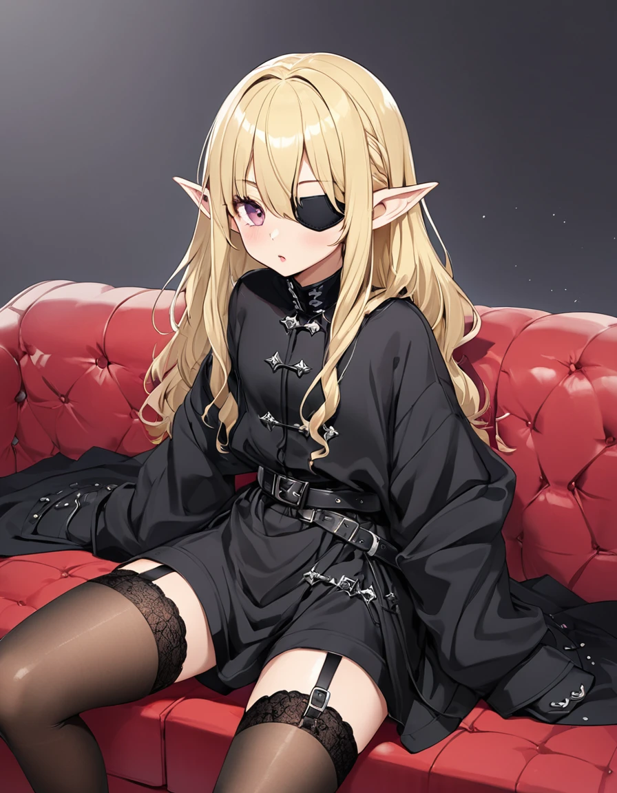 BREAK Perfect Anatomy、(High resolution:1.2)、Incredible illustrations、(Cute illustrations:1.2)、（Beautiful background）(Beautiful background,(on the couch))1gial((blonde hair,shiny hair,hair intakes:1.8,wavy long hair)(cockslut) (Black coat,Gothic combat uniform,Silk Sexy Lingerie,,garter stockings,pointy ears,tan:1.7),eyepatch:1.8,) ),(a girl,  1.5meters, 40kg),,-yeld,flchest）)((,open clothes,))