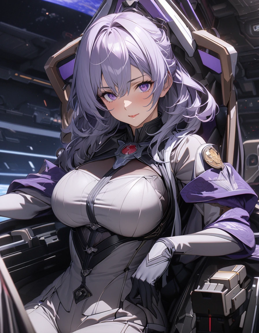 Beautiful mature woman,(High resolution,8k wallpaper,masterpiece,Highest quality,Depth of region,Anatomically accurate depiction),((女性universe飛行士:1.5)),(universe服),(Purple eyes,Large Breasts,),background:universe,(爆発するuniverse船,ビームを打つuniverse船,laser,universe艦隊),cockpit,(((universe戦争)))
