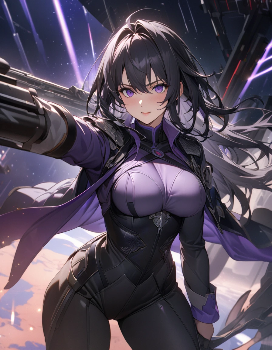 Beautiful mature woman,(High resolution,8k wallpaper,masterpiece,Highest quality,Depth of region,Anatomically accurate depiction),((女性universe飛行士:1.5)),(universe服),(Purple eyes,Large Breasts,),background:universe,(爆発するuniverse船,ビームを打つuniverse船,laser,universe艦隊),cockpit,(((universe戦争)))