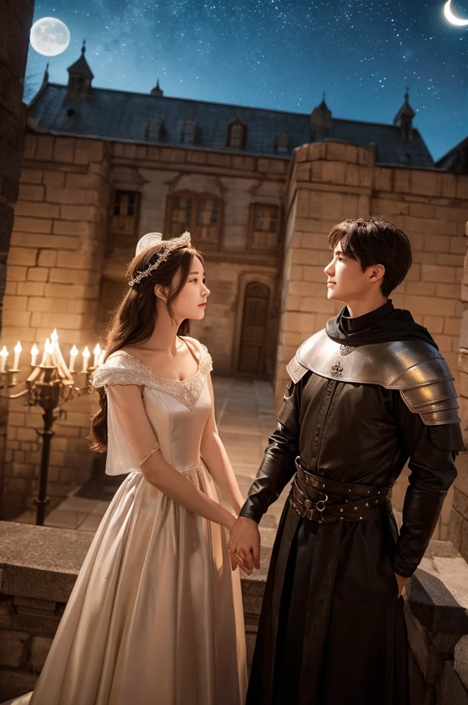 Medieval Opera House rooftop。There are two characters。Serious expression、Young man and woman looking at each other and holding hands。The man is a young knight、Women are beautiful、The woman is wearing a dress and a hood。The moon and stars are in the night sky。