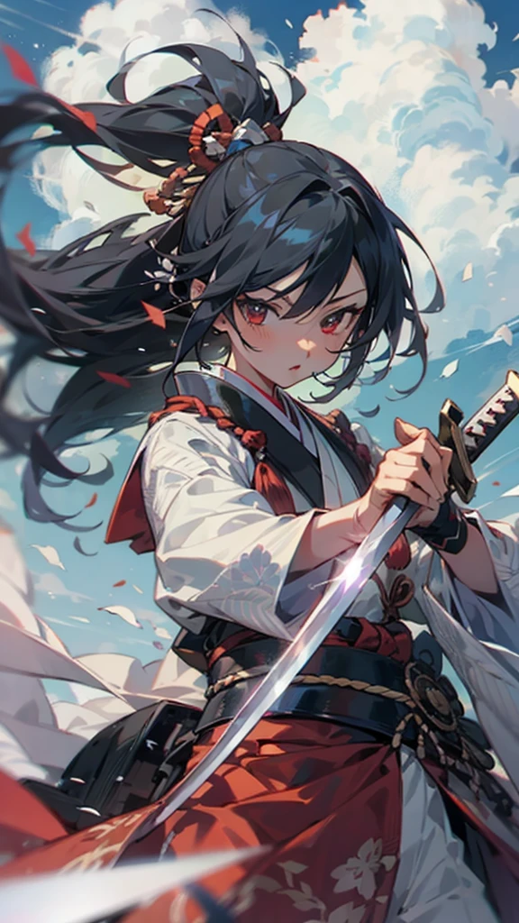 (Anime character wearing a dress with Japanese armor),( has a sword in his left arm), One Girl, (Female anime samurai warrior fighting with sword on blue background with clouds),(Deep scarlet eyes), alone,kimono. ponytail, (kimono),Have a weapon, ((Holding a samurai sword)), Long black hair, Red ribbon,(Dynamic Action)