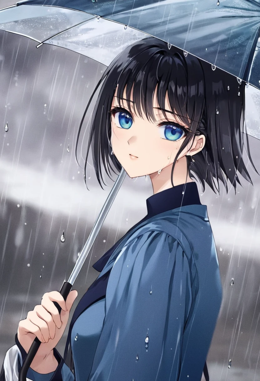 "Create an anime-style close-up artwork of a girl with black hair, holding an umbrella, and wearing a pretty blue dress. Her eyes should be detailed and high-quality, reflecting a serene and gentle expression. The background should hint at a rainy day with soft, blurred images of raindrops and a misty atmosphere, emphasizing the peaceful and contemplative mood of the scene."