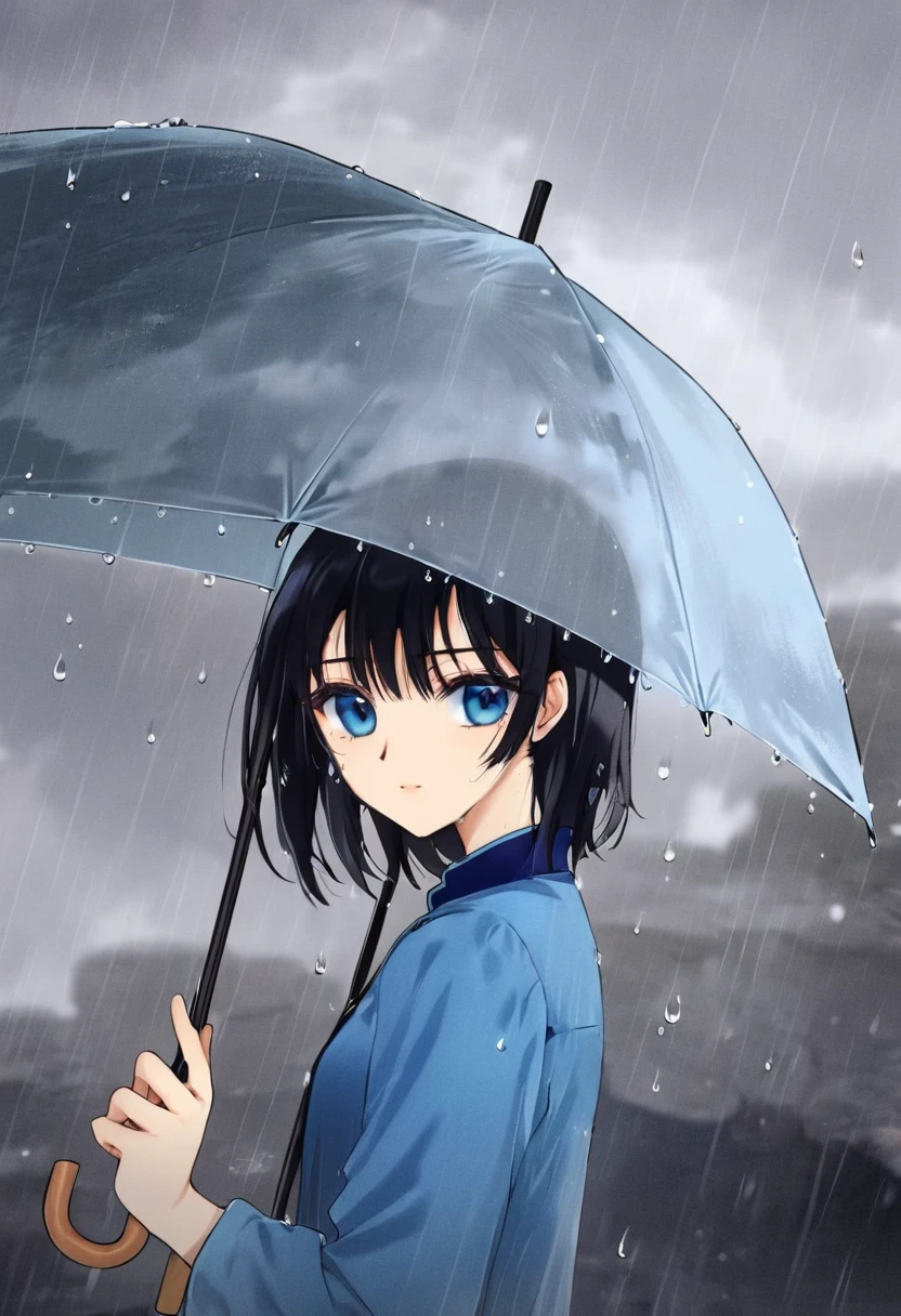 "Create an anime-style close-up artwork of a girl with black hair, holding an umbrella, and wearing a pretty blue dress. Her eyes should be detailed and high-quality, reflecting a serene and gentle expression. The background should hint at a rainy day with soft, blurred images of raindrops and a misty atmosphere, emphasizing the peaceful and contemplative mood of the scene."
