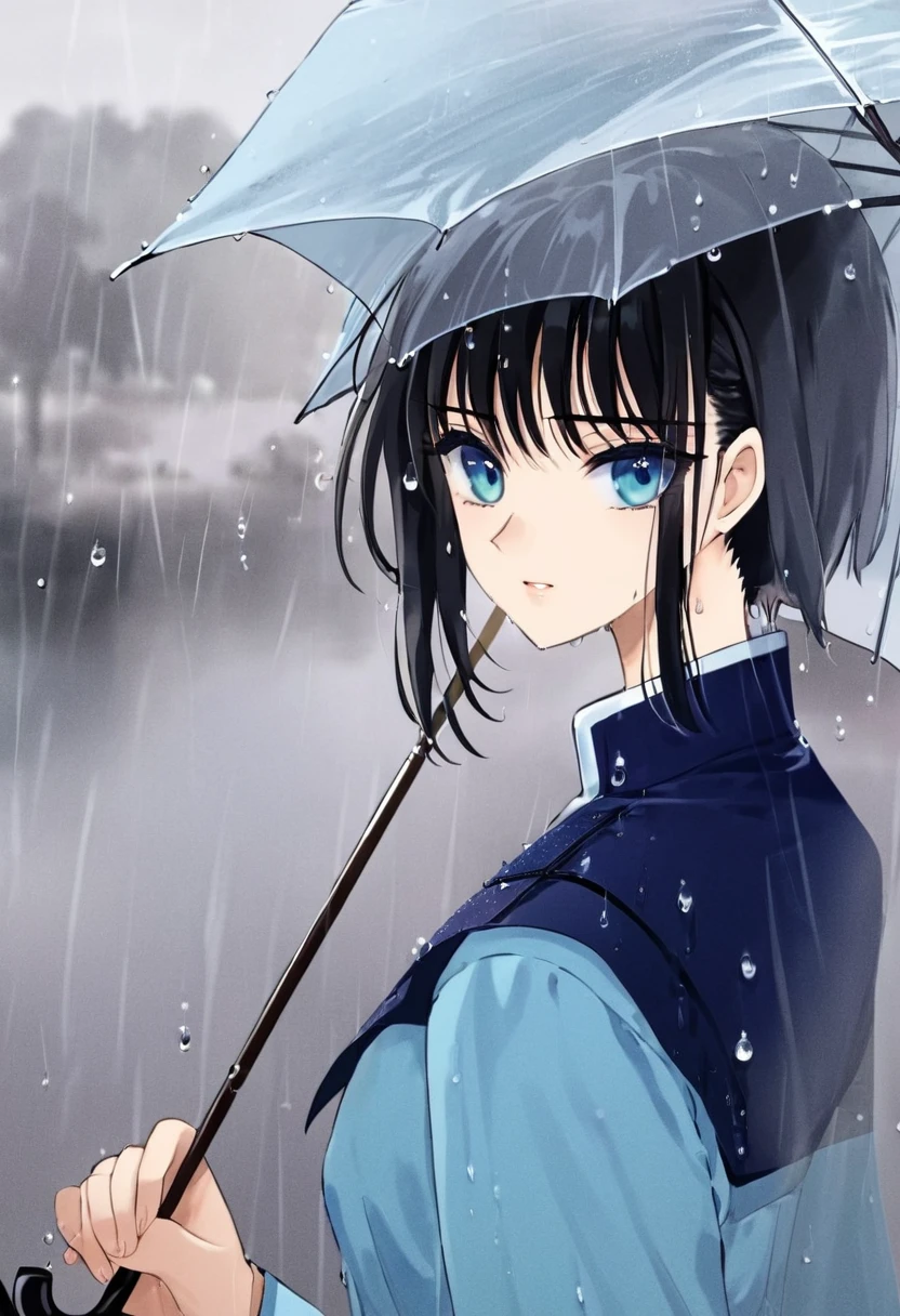 "Create an anime-style close-up artwork of a girl with black hair, holding an umbrella, and wearing a pretty blue dress. Her eyes should be detailed and high-quality, reflecting a serene and gentle expression. The background should hint at a rainy day with soft, blurred images of raindrops and a misty atmosphere, emphasizing the peaceful and contemplative mood of the scene."