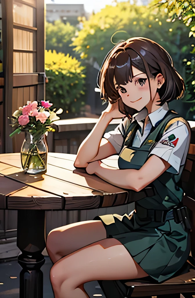 Girl in combat uniform,summer,Short sleeve,smile,Round table,Sit down,Drink coffee,8K, Highest quality, masterpiece