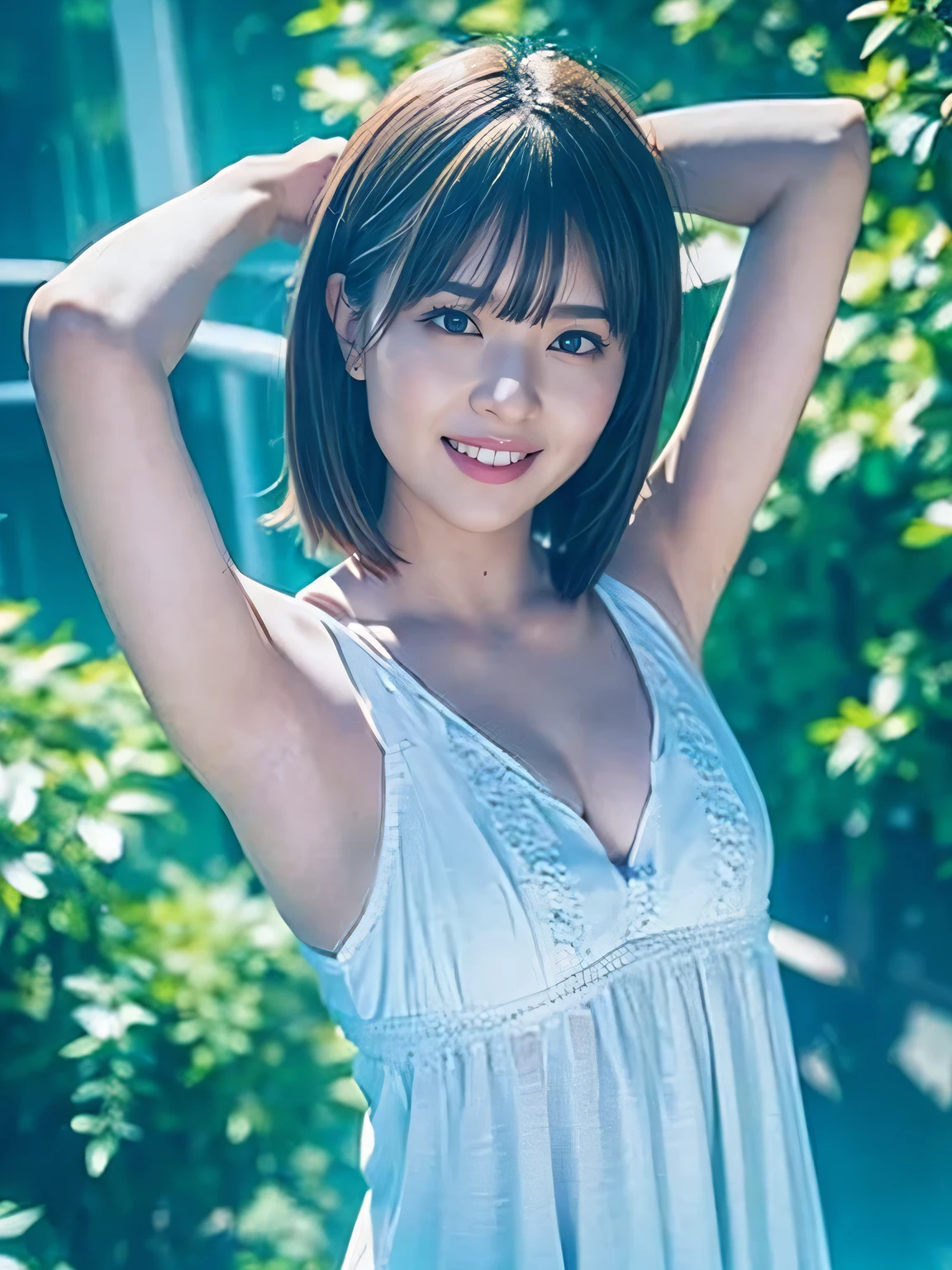 1girl, woman, 25 years old woman, girl in summer clothes, beautiful, medium breasts, flirtatious look, ((very detailed)), photorealistic image, high res, looking at viewer:1.8, (1girl eyes looking at viewer:1.55), Plain costumes, Simple Background, Emphasis on the chest, Hands behind the body, White outfit, whole body, Raise your arms and show your armpits, show your armpits, hands behind head, waki, photorealistic, (bokeh), best quality, 8k, UHD