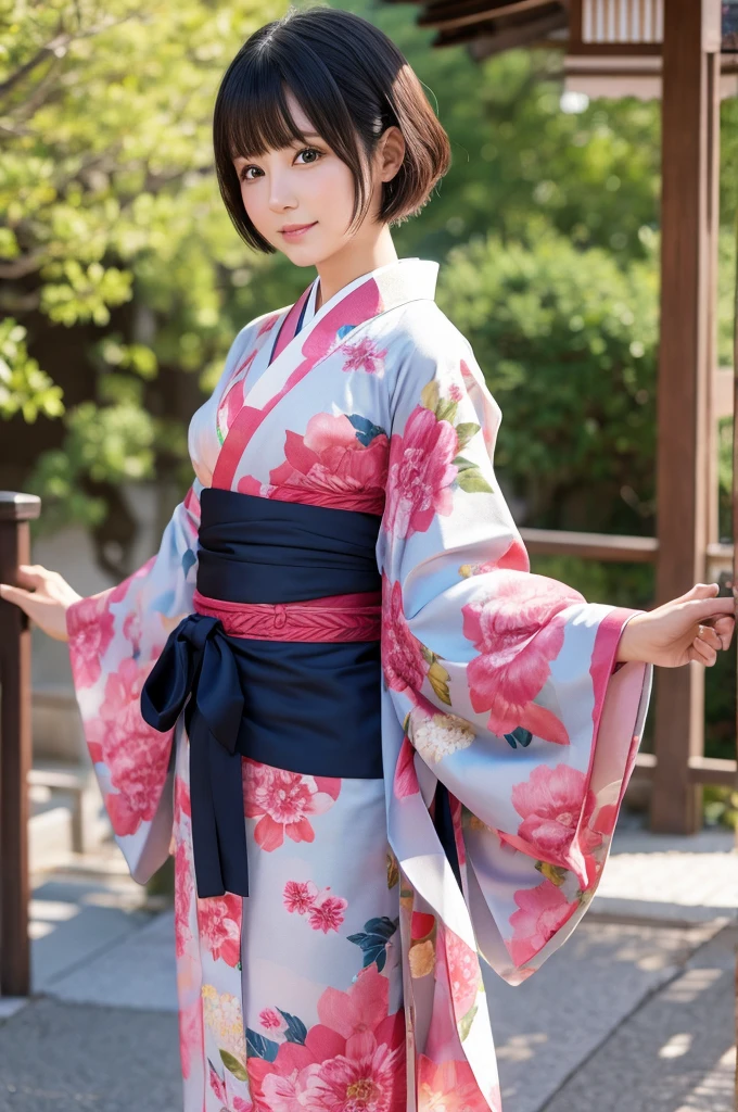Cute Japanese lady short hair wareing kimono