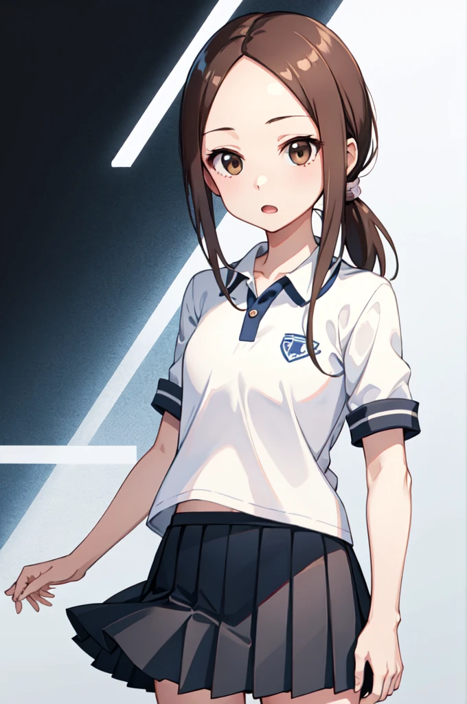 ((Highest quality))、((masterpiece))、(detailed)、One girl、Sexy Takagi、Long Hair、White polo shirt、Pleated skirt、Blue skirt bbtakagi、Long Hair、Low ponytail、clavicle、