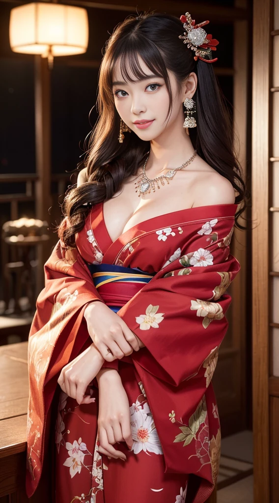 8K Ultra HD, Digital SLR,Film Grain, Fujifilm XT3,(Highest quality:1.3), (masterpiece:1.1), High resolution, Cinematic Light, Intricate details, (Realistic) (Night view) Realistic backlight、ドラマチックなredトーンの光、Beautiful Japanese Geisha full body photo, ((Facial texture Pore details)), Grin、悪魔のようなsmile, Simple messy hairstyle, 伝統的な龍のモチーフが描かれたサテンの黒いkimonoを着て, Open shoulders, Colorful dragon tattoos all over the body, Long blade, Inside a traditional villa,White-hilted Japanese sword, 8K, Front blur,Ultra HD, Digital SLR,Film Grain, Fujifilm(8K, Highest quality, masterpiece:1,2), (Realistic, Realistic:1.37), Very detailed, One Girl,), (Very detailed), (Detailed and beautiful eyes), (Highest qualityの), (Very detailed ), (masterpiece), (Detailed face),woman((19 years old)), hair((red, Wavy, length)), eye ((red eye, big eye)), Clothes((kimono，big slit, redい花柄)), accessories ((Earrings, necklace)), Huge breasts, big , smile, background,長いhair，Red Clothes，Cowboy Shot