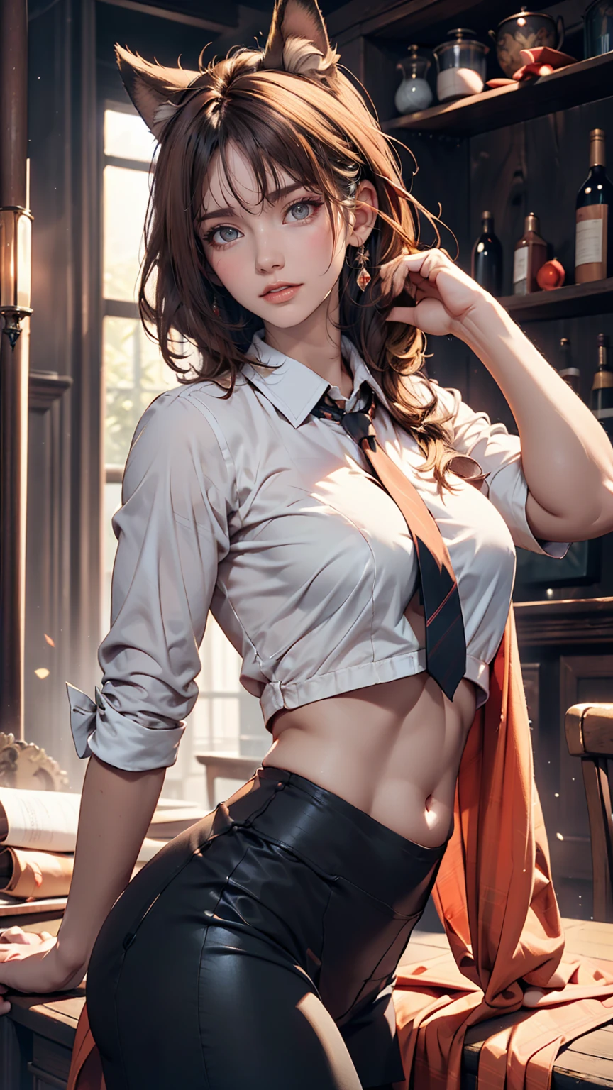 Medieval court decoration、24-year-old woman、Sexy proportions、Sexy、Narrow waist、Long eyelashes、tie-up・shirt((tie up shirt))Wear、I can see my belly button、Wear leggings、Inner color around the ears((colored inner hair))、Hair behind ears((hair behind ear))