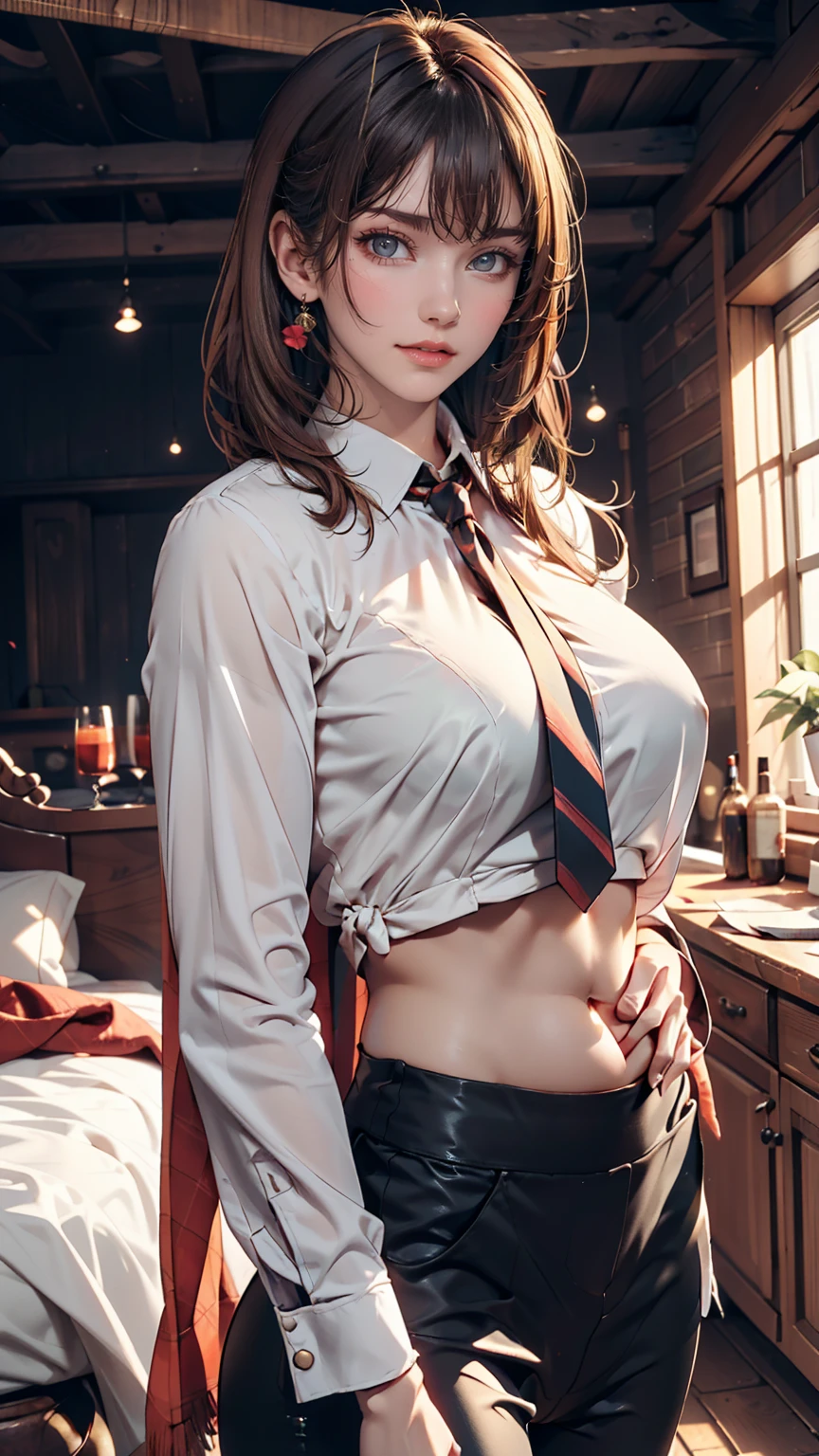 Medieval court decoration、24-year-old woman、Sexy proportions、Sexy、Narrow waist、Long eyelashes、tie-up・shirt((tie up shirt))Wear、I can see my belly button、Wear leggings、Inner color around the ears((colored inner hair))、Hair behind ears((hair behind ear))