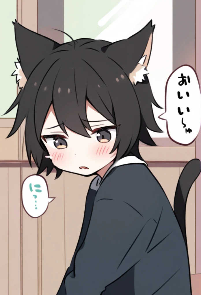 Cute cat boy,black cat ears,shy,meowing,cute,cat boy,black hair,black cat tail