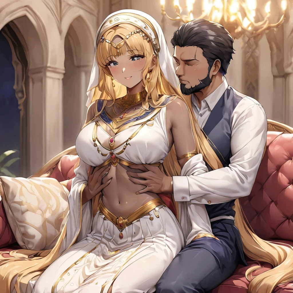 ((Highest quality)), ((masterpiece)), (detailed), （Perfect Face）、The woman is a Muslim Arab named Tsukino Usagi with vivid brown skin, and is wearing a gorgeous, glittering Arab national costume with gold embroidery, a gorgeous hijab, a gorgeous hair ornament, gorgeous jeweled accessories, and an engagement ring in a luxurious Islamic mansion. The woman and the man are sitting on a luxurious, large sofa in the luxurious room, and the woman is being embraced and kissed by the dignified, bearded, middle-aged Arab Muslim man wearing Arab national costume, and they are making love to each other.、The woman is the elegant Tsukino Usagi, with long blonde hair in a chignon twin tail, wearing Arab national dress and a gorgeous hijab. She is a Muslim Arab with vivid brown skin.、（The woman is a dark-skinned Arab Muslim named Tsukino Usagi）、The man is a Muslim, dignified, strong-looking, bearded, middle-aged Arab man wearing traditional Arab clothing.