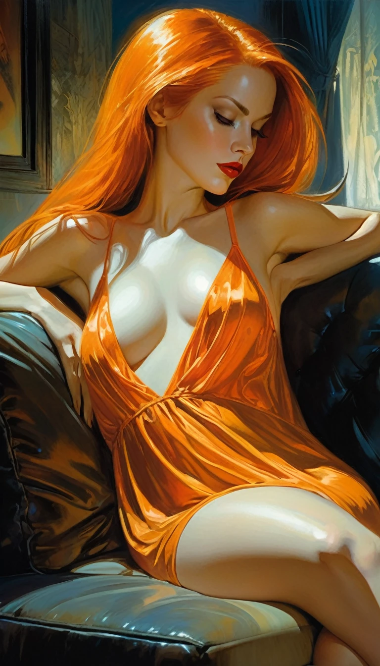 The sexy and dark art of seduction, elegant, long orange hair, transparent nightgown, medium breasts, on a sofa, very sexy and erotic, dim light (art inspired by Bill Sienkiewicz). oil painting) (best quality, 4k, 8k, high resolution, masterpiece: 1.2), ultra-detailed, (realistic, photorealistic, photorealistic: 1.37), intricate details, vivid colors, sharp focus, professional, artwork by Dave McKean , oil touch of surrealism, oil painting style