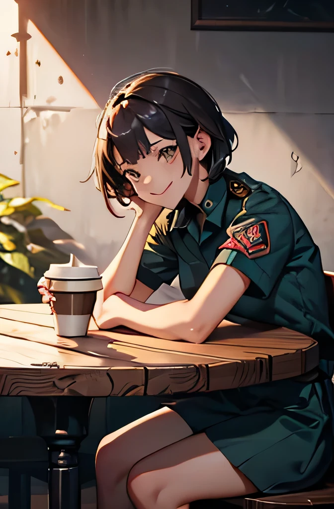 Girl in combat uniform,summer,Short sleeve,smile,Round table,Sit down,Drink coffee,8K, Highest quality, masterpiece