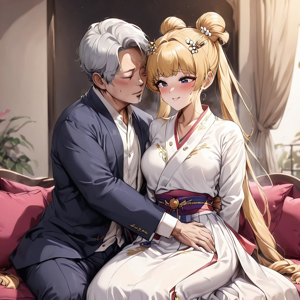 ((Highest quality)), ((masterpiece)), (detailed), (Perfect Face)、The woman is a Korean woman named Tsukino Usagi, and in a luxurious Korean mansion, she is wearing a gorgeous, glittering traditional Korean dress called a hanbok, a gorgeous hair ornament, gorgeous jeweled accessories, and an engagement ring. The woman and the man are sitting on a gorgeous, large sofa in the luxurious room, and the woman is being embraced and kissed by the dignified, middle-aged Korean man wearing a stout hanbok, as they make love to each other and have sex.、The woman is the elegant Tsukino Usagi, a Korean woman with long blonde hair in a chignon twin tail, wearing the traditional Korean dress, Chima Chogori.、The man is a dignified, sturdy middle-aged Korean man wearing the traditional Korean dress, Hanbok.