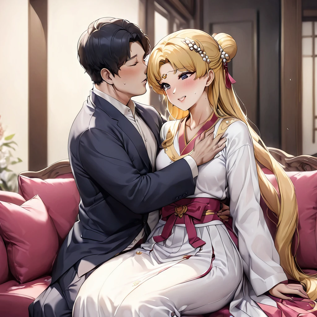((Highest quality)), ((masterpiece)), (detailed), （Perfect Face）、The woman is a Korean woman named Tsukino Usagi, and in a luxurious Korean mansion, she is wearing a gorgeous, glittering traditional Korean dress called a hanbok, a gorgeous hair ornament, gorgeous jeweled accessories, and an engagement ring. The woman and the man are sitting on a gorgeous, large sofa in the luxurious room, and the woman is being embraced and kissed by the dignified, middle-aged Korean man wearing a stout hanbok, as they make love to each other and have sex.、The woman is the elegant Tsukino Usagi, a Korean woman with long blonde hair in a chignon twin tail, wearing the traditional Korean dress, Chima Chogori.、The man is a dignified, sturdy middle-aged Korean man wearing the traditional Korean dress, Hanbok.