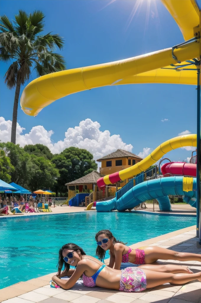 Italy waterpark. Create a highly realistic scene at a bustling water park in Italy featuring a -yeld Itan girl surrounded by younger children, all sunbathing on a large beach towel. The group is lying on the towel, enjoying the warm sunlight.

    The 13-year-o giposited in the center, has shoulder-length brown hair, which is slightly wet from swimming, and wears a colorful bikini top and matching shorts. She lies on her back with her eyes closed, smiling softly as she soaks up the sun. Her relaxed and confident posture highlights her sense of ease and enjoyment.
    Around her are several younger children, aged between 5 and 10, each wearing vrant swimwear: the boys in colorful swim trunks and the girls in bikini tops and swim shorts. They are lying on the towel in various positions—some on their backs, some on their stomachs, and others propped up on their elbows—chatting and laughing among themselves. Their expressions are joyful and carefree, reflecting their enjoyment of the sunny day.

The large beach towel they share is bright and patterned, spread out on a grassy area beside the water park’s pool. Scattered around are a few personal items such as sunglasses, water bottles, and a couple of inflatables.

In the background, the water park's exciting features are visible, including tall, twisting water slides, splash pads, and colorful play structures. The scene is bathed in bright sunlight, with the clear blue sky adding to the vibrant atmosphere. Other visitors can be seen in the distance, enjoying the various attractions.

This scene captures the lively and relaxed moment as the teenage girl and the children bask in the sun, surrounded by the energetic and fun-filled environment of the water park, with the slides and pools providing a dynamic and playful backdrop