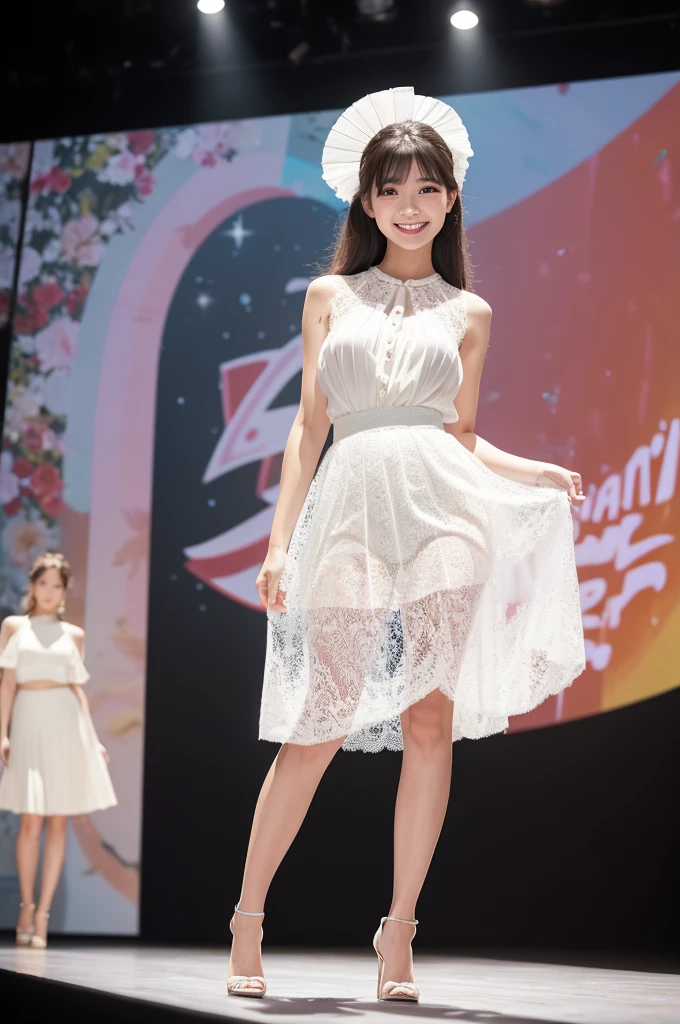 Amazingly large eyes、Smiling expression with white teeth visible、H cup bust、50cm waist、Slender and fair-skinned、Japan woman with long hair、20-year-old、Slim figure、Wearing a pleated skirt and a sheer lace blouse that flutters in the vivid breeze、Wearing high heels。On the runway at a fashion show、Her whole body was shown, from her high heels to her head, as she walked towards the viewer.、Bright, photo-quality images。