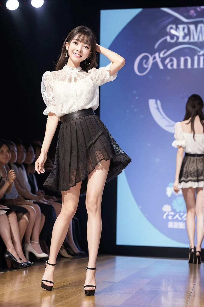 Amazingly large eyes、Smiling expression with white teeth visible、H cup bust、50cm waist、Slender and fair-skinned、Japan woman with long hair、20-year-old、Slim figure、Wearing a pleated skirt and a sheer lace blouse that flutters in the vivid breeze、Wearing high heels。On the runway at a fashion show、Her whole body was shown, from her high heels to her head, as she walked towards the viewer.、Bright, photo-quality images。