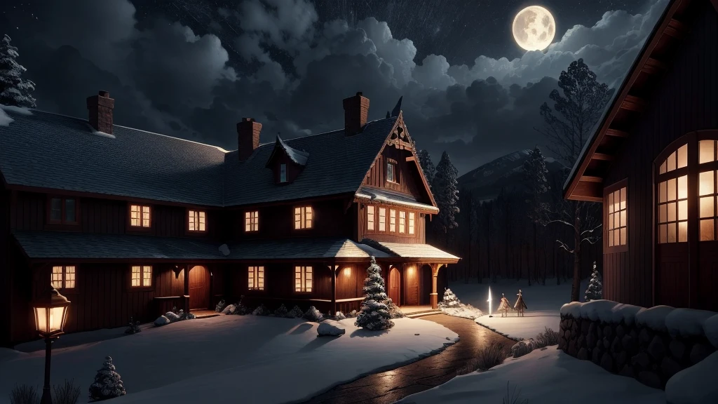 CREATE A NIGHT SCENARIO, WITH SEVERAL ANGELS WITH THEIR SWORD PROTECTING A HOUSE