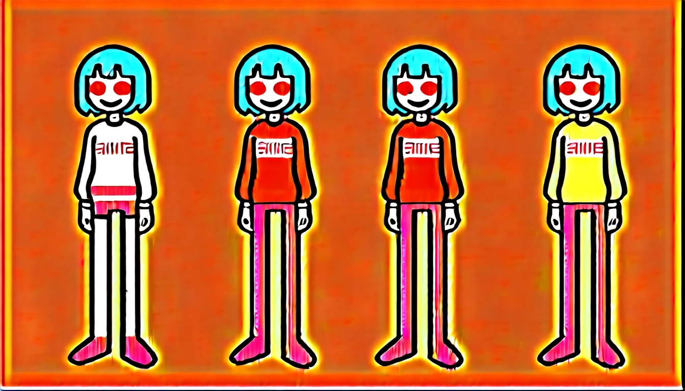 Robot girl, robot, murder drone, murder drones, Serial Designation V, V murder drones, murder drones V, light gray hair, gray hair, silver hair, bob cut, bob hairstyle, silver bob hair, gray bob hair, bright yellow eyes, yellow eyes, yellow screen eyes, screen eyes, TV eyes, toothy smile, toothy grin, maniacal expression, evil expression, white skin, pale white skin, smooth skin, robot body, black and yellow outfit, black and yellow casual outfit, black and yellow clothing, casual clothing, casual outfit, claws, sharp metal claws, sharp robot claws, dark background, horror background, full-body image