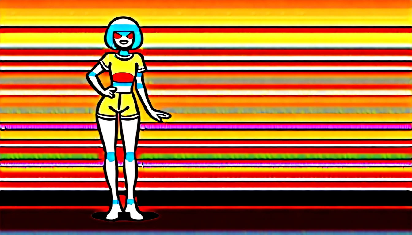 Robot girl, robot, murder drone, murder drones, Serial Designation V, V murder drones, murder drones V, light gray hair, gray hair, silver hair, bob cut, bob hairstyle, silver bob hair, gray bob hair, bright yellow eyes, yellow eyes, yellow screen eyes, screen eyes, TV eyes, toothy smile, toothy grin, maniacal expression, evil expression, white skin, pale white skin, smooth skin, robot body, black and yellow outfit, black and yellow casual outfit, black and yellow clothing, casual clothing, casual outfit, claws, sharp metal claws, sharp robot claws, dark background, horror background, full-body image