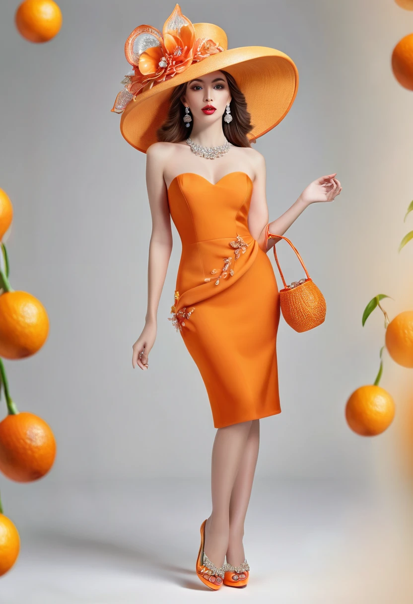 a woman in a tangerine dress, elegant hat, citrus crystal slippers, full-length, photo realism, hyper-detailed, 8k, beautiful detailed eyes, beautiful detailed lips, extremely detailed face, long eyelashes, high fashion, high quality, intricate, photorealistic, studio lighting, sharp focus, physically-based rendering, professional, vivid colors, bokeh