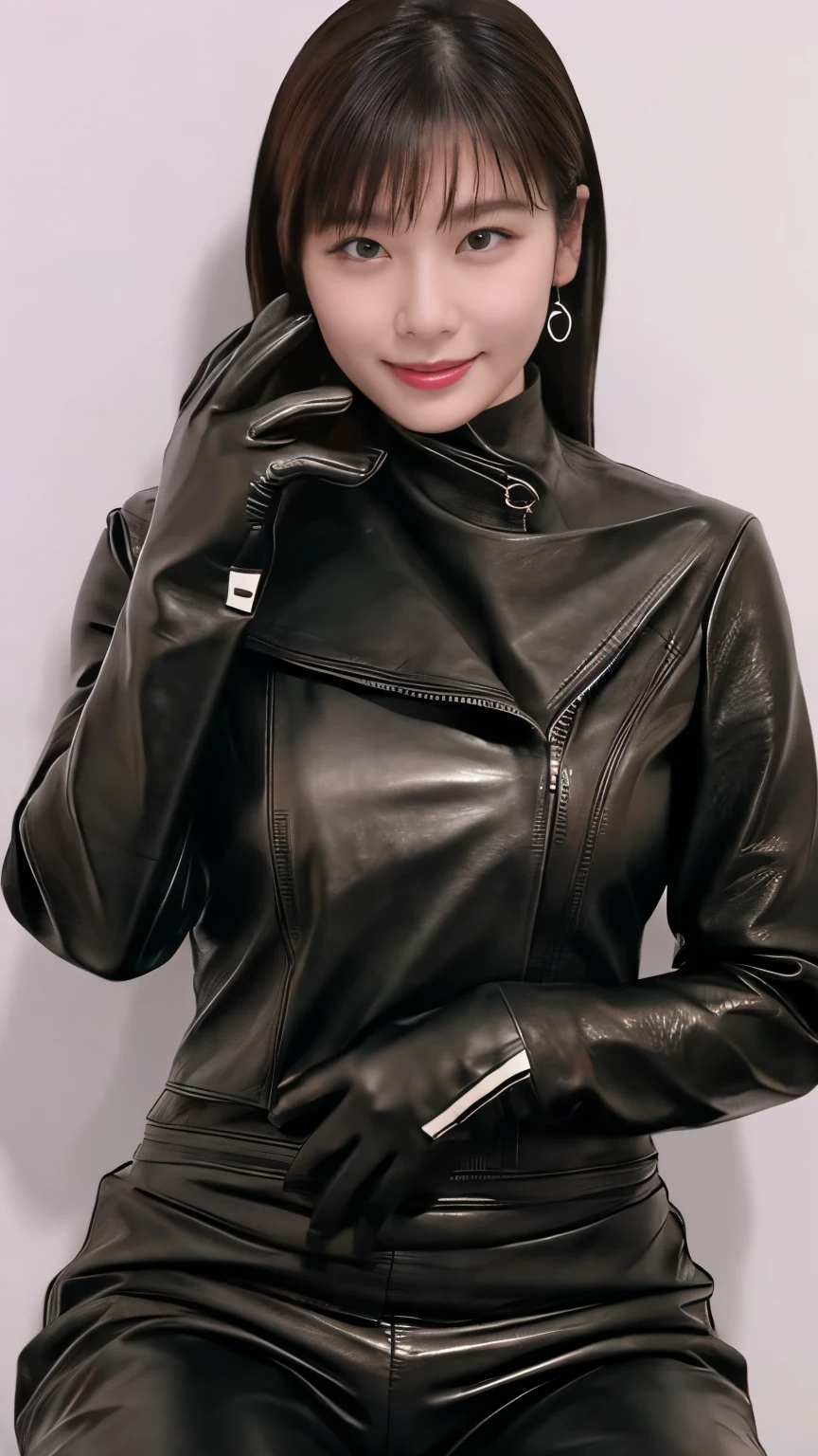 black leather rider jacket, , Black leather gloved fingertips on both hands,Wearing black leather gloves,Sitting in a black leather chair、 Japanese female new recruits (Black leather gloves cover both hands) (The angle is horizontal)、Black Leather Pants,Black Leather Black Leather Pants,Black Leather Skinny Pants、Long black leather boots on both feet、((He wears black leather gloves on his hands))Full Body Photo,full body shot full body full body leather suit,☺If you turn in this direction。Wearing black leather gloves,Wearing black leather gloves,Wearing black leather gloves,Wearing black leather gloves,Wearing black leather gloves,Wearing black leather gloves,黒のレザーパンツが美しい😍黒のレザーパンツが美しい😍黒のレザーパンツが美しい,😍Smiling while looking at me,City lights、Life-size (Neon Light)、Detailed lighting Best image quality、Ultra-high resolution、(realism:1.4)、Japanese Beauty Star、The most beautiful JPOP stars、face、Horny Korean Makeup、A body that makes you want to touch it、Realistic leather texture、Costume made of smooth leather fabric、The drape of the curved parts of the leather fabric、The costume is very shiny、Quality of the costume、8K Photo Quality