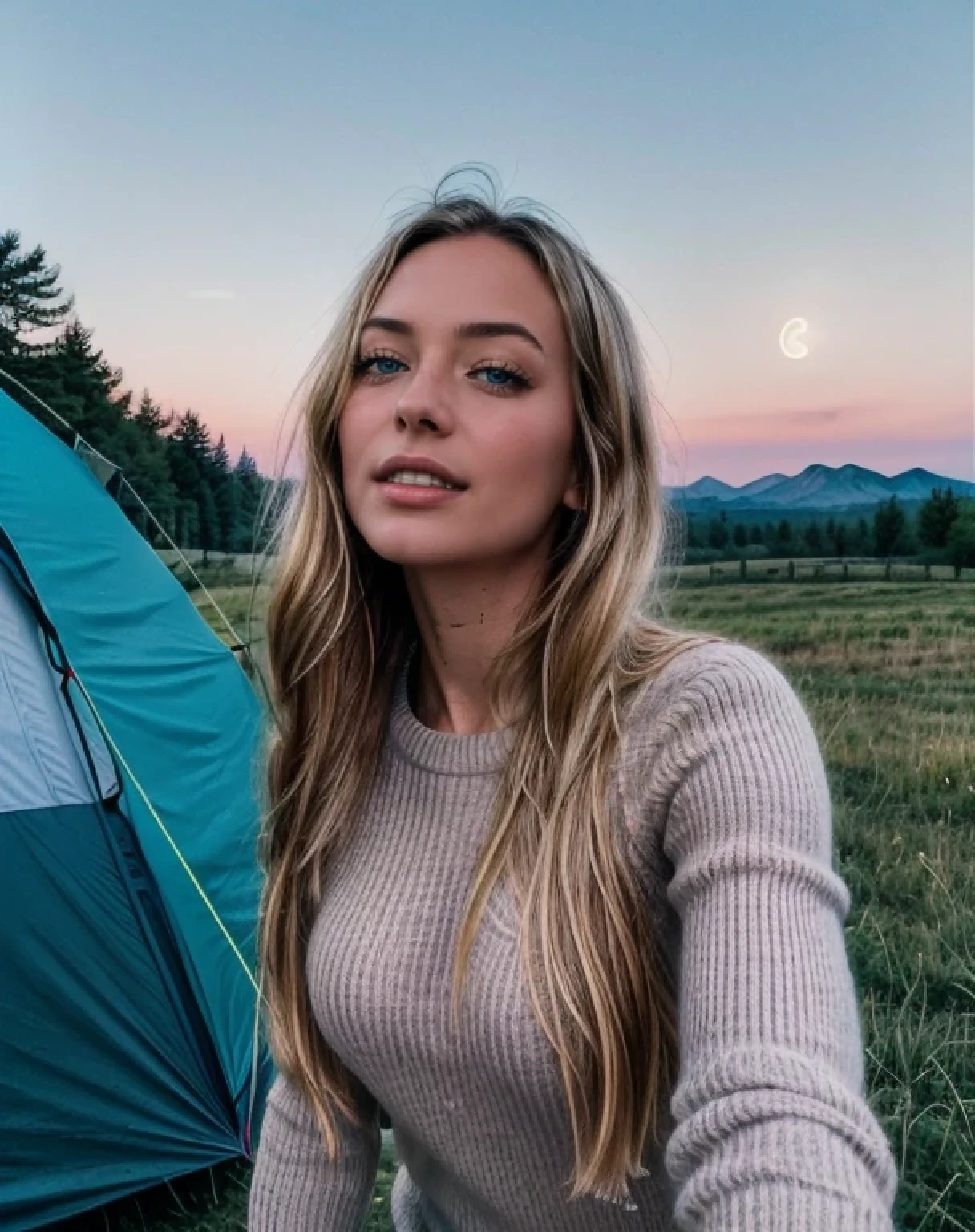 1 Frau, American, Nice, blue eyes, honeyfarbenes Hair,((upper body-Selfie, Happy)), Filming in the tent, Nicee Hintergrundbeleuchtung, Tent Open Sign,masterpiece, best quality, Ultra-detail, alone, Forecourt, (the night), Mountains, Natur, (star, The moon) cheerful, Happy,, Cozy in the sleeping bag, In the tent, When you open the tent, Outside you can see some nice riders.., woods, Rock formations, Rivers, wood, smoke, cute, contrast, blue sky, analog style (look up at the viewer:1.2) (Skin texture) (film grain:1.3), (warm hue, warmer Ton:1.2), close up shot, cinematic light, sidelighting, Die Ultra-Highres, Best Shadows, ..SPIRIT, upper body, wearing sweater, Relaxed and intimate photos, blonde hair,