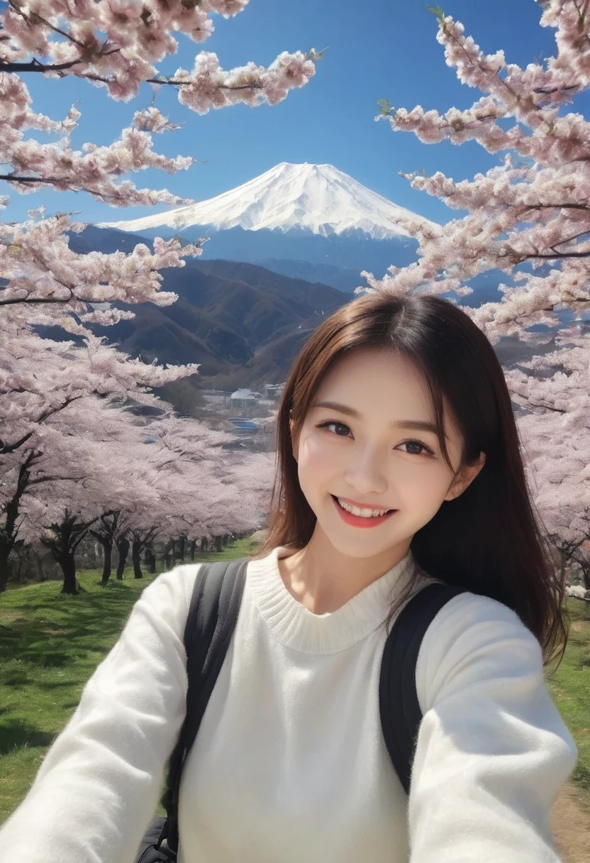 (Upper body selfie:1.3)、Spring mountain range、A beautiful backdrop of blooming cherry blossoms、Fresh Green Mountain々、Beautiful sunset、Remove the beam from above、Natural light、Generate images of beautiful women from around the world、Especially while reflecting the elements of Eastern beauty。A woman with a natural smile and attractive facial expression、Clear skin、Shining Eyes、Expresses an elegant atmosphere。alone、rucksack、Casual Cap、Fleece jacket、jeans、Hiking shoes、Light wind is blowing、Hair swaying slightly in the wind、(8K quality、Tabletop、Highest quality、Ultra-high resolution output images)、(Highly detailed RAW photos:1.3)、(Picture Mode Ultra HD)