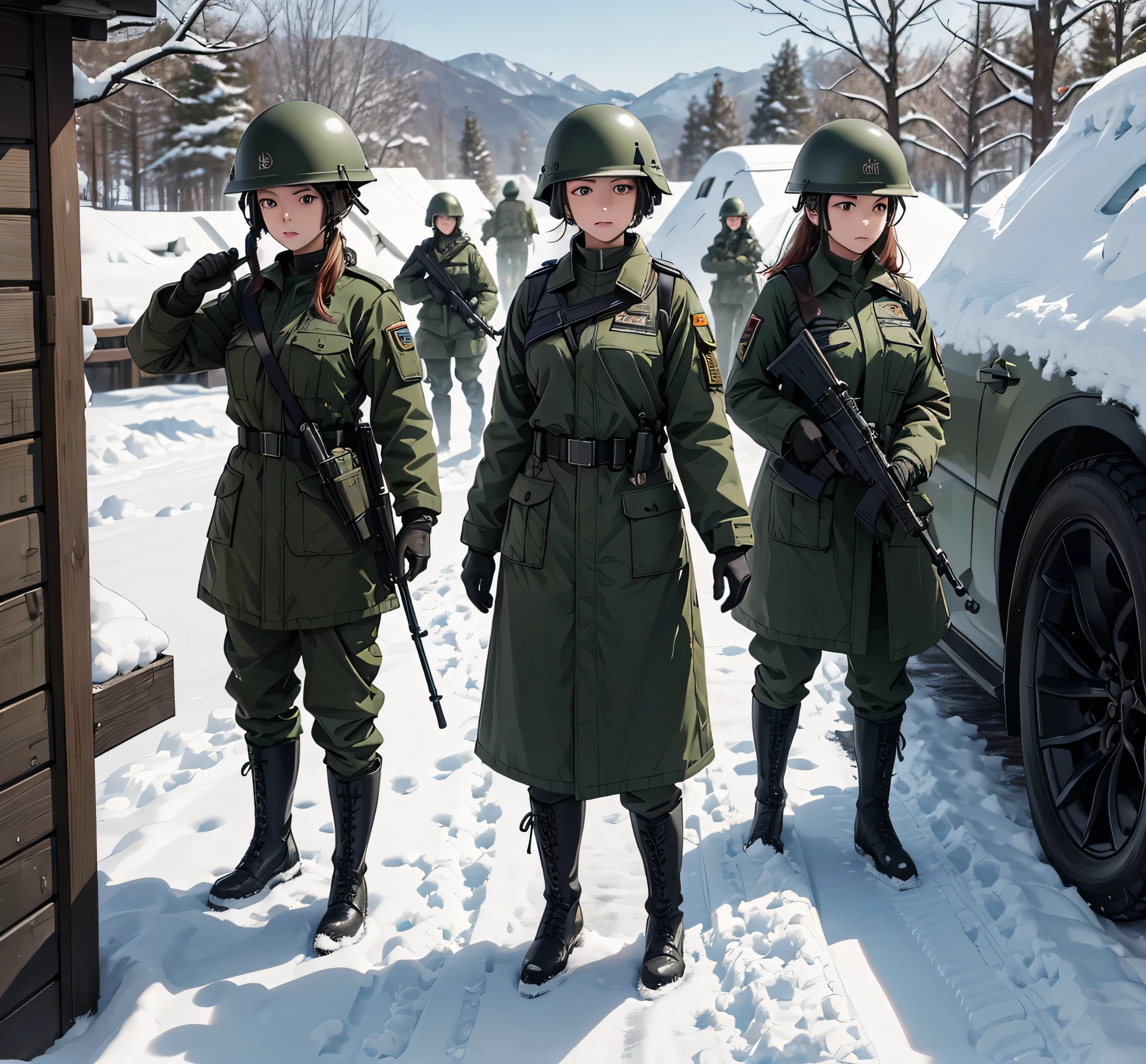 A group of female soldiers wearing dark green thick coats、Wearing a helmet、Wear military boots、Hold a gun in both hands、Side-by-side stations、Military camp in the snow、Write details、masterpiece、best quality、Highly detailed CG、8K picture quality