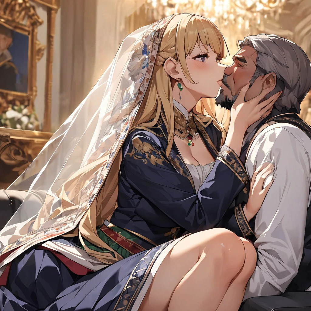 ((Highest quality)), ((masterpiece)), (detailed), (Perfect Face)、The woman is an Italian named Tsukino Usagi, and in a luxurious Italian mansion, she is wearing the gorgeous and glittering Italian traditional Sardinian costume, a lavishly decorated velvet jacket, a long veil, gorgeous jeweled accessories and an engagement ring. The woman and the man are sitting on a luxurious, large sofa in the luxurious room, and the woman is being held and kissed by the dignified, bearded middle-aged man wearing the Italian traditional costume, and they are making love.、The woman is the elegant Tsukino Usagi, with long blonde hair in a chignon twin tail, wearing a velvet jacket decorated with the Italian national costume of Sardinia, and a long veil.、The man is a dignified, muscular, bearded Italian man dressed in Italian national dress.