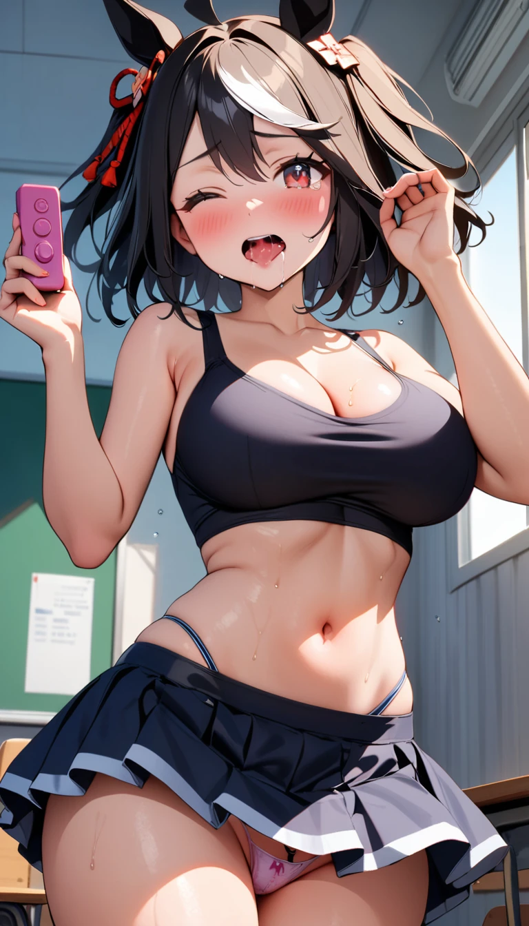 [1girl, Kitasan Black \(umamusume\), umamusume], (throw_hand, pink vibrator remote switch in throw_hand, throw:1.2), Highest quality, Super detailed, masterpiece, Ultra-high resolution, 8K, Ridiculous, Cowboy Shooting, Blurred, One girl, Focus on the girl, Embarrassing, blush, Lovely, Close one eye, With tears in her eyes and her mouth open, What saliva leaves behind, Wet skirt hem, (Sticky panties:1.1), Bulging of the vibrator cord, Vibrator with Garters, (cleavage), Classroom Background, The skirt is accidentally exposed,(large breasts), (crop top navel), (waist line), Accidentally exposed panties