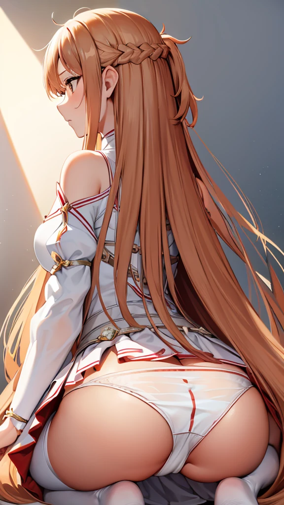 masterpiece, best quality, highres, aaasuna, long hair, brown hair, braid, brown eyes, bare shoulders, armor, breastplate, white sleeves, detached sleeves, red skirt, pleated skirt, white thighhighs, back view, squatting, big ass, showing ass, (white panties:1.5), (upskirt)