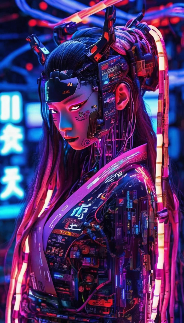 high tech, Futuristic, Cyborg Girl, (Realistic:1.4), Long hair made of cables, robot, In the background there are lots of computer cables, Ultra-high resolution, Ultra-high resolution, 8K, Neon Light, Japanese Culture, kimono, The Spanish Devil