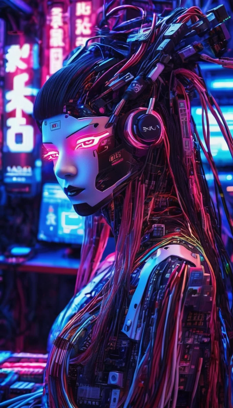 high tech, Futuristic, Cyborg Girl, (Realistic:1.4), Long hair made of cables, robot, In the background there are lots of computer cables, Ultra-high resolution, Ultra-high resolution, 8K, Neon Light, Japanese Culture, kimono, The Spanish Devil