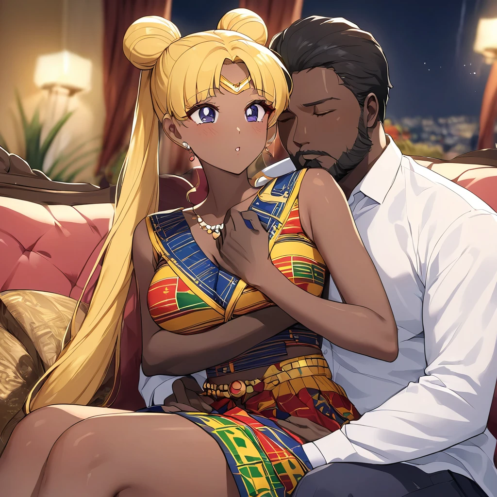 ((Highest quality)), ((masterpiece)), (detailed), （Perfect Face）、The woman is a black Ghanaian with vivid dark skin, Tsukino Usagi, and is in a luxurious Ghanaian mansion, wearing the gorgeous, colorful, glittering Ghanaian traditional kente dress, luxurious jeweled accessories, and an engagement ring. The woman and the man are sitting on a luxurious, large sofa in the luxurious room, and the woman is being embraced and kissed by the dignified, bearded, middle-aged Ghanaian man wearing the Ghanaian traditional dress, and they are making love to each other.、The woman is the elegant Tsukino Usagi, with long blonde hair in a chignon twin tail, and a vivid dark-brown skin wearing the colorful Ghanaian national dress, Kente.、（The woman is a black Ghanaian with vivid dark brown skin.）、The man is a dignified, sturdy, bearded Ghanaian man wearing the Ghanaian national dress, Kente.