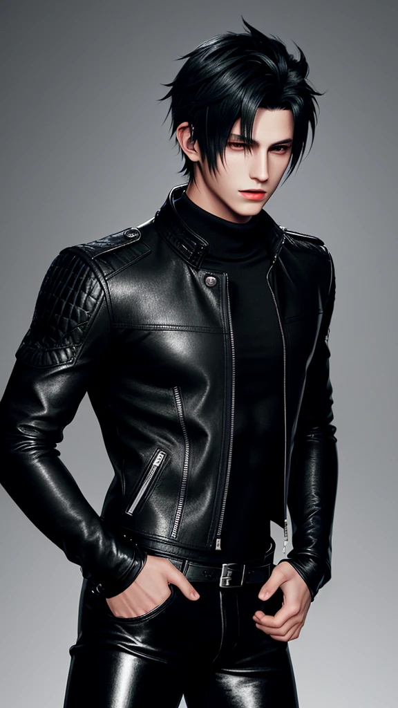 Final fantasy taste and reality graphics, Japanese young cute and cool ikemen boy, his age is early 20s, thin eyebrows and beady eyes, he wearing off black color leather thick singlebrest biker jacket, with epaulet, must close the front of the leather jacket, jacket is biker style, jacket is voluminous, , jacket collar is high length stand-up collar with belts, jacket is a little black line pattern,close the front of the jacket, also wearing black thick turtleneck lackluster shirts, tight black leather pants, shiny black leather tight and thin glove, black leather knee-high raceup boots,must views head-to-toe,must views whole body, boy looks like fashion model,Do not show skin from the neck down,leather jacket leather glove and leather pants have few wrinkles,boy in the room,
