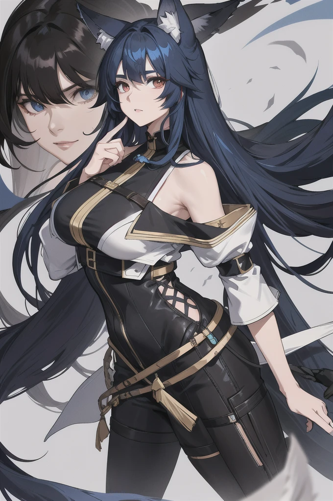 create a character with long hair and her hair color is brown with some blue highlights, her right eye is dark blue and her left is black, with ears and a wolf tail.