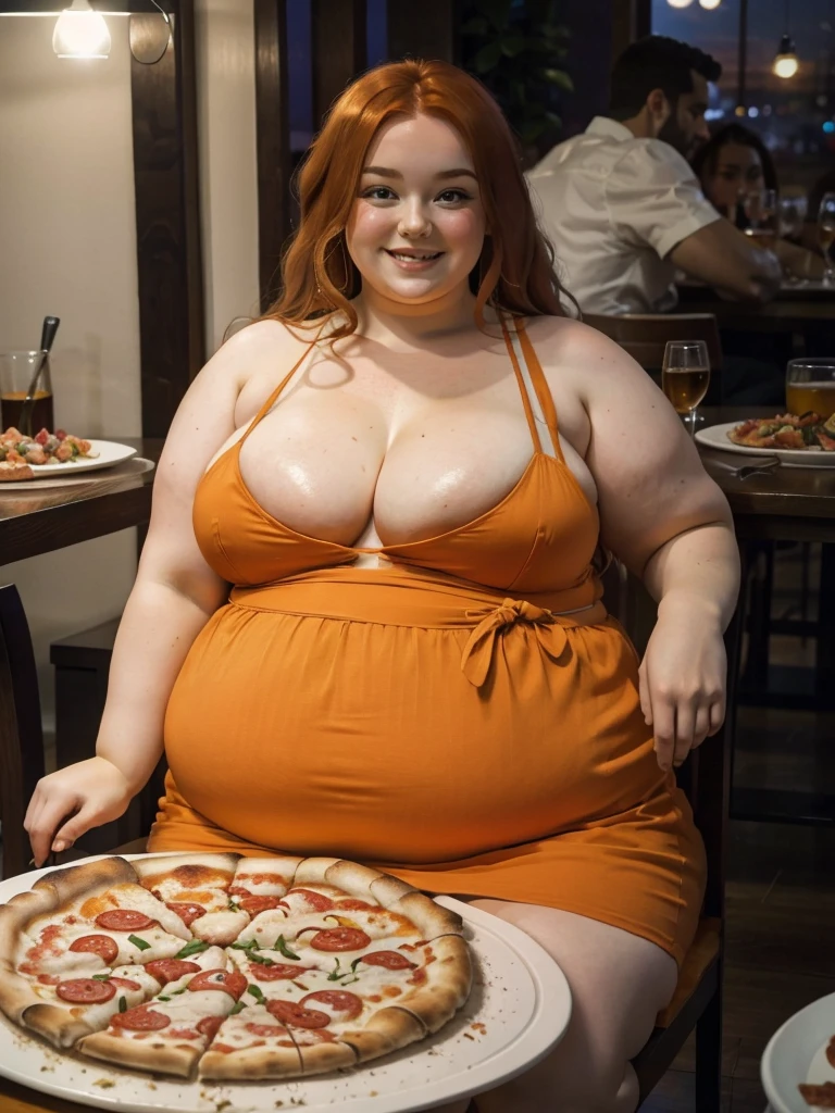 A happy and detailed photo of a cute ginger freckled SSBBW, with long wavy ginger hair, with big soft fat belly, small saggy breasts in a cute orange dress, sitting at a table in a beautiful authentic italian restaurant at night, there is a huge family-sized pizza ahead of her, she is sitting on a chair behind a small table and one huge pizza