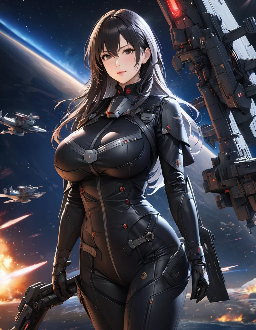 Beautiful mature woman,(High resolution,8k wallpaper,masterpiece,Highest quality,Depth of region,Anatomically accurate depiction),((女性universe飛行士:1.5)),(universe服),(Large Breasts,),background:universe,(爆発するuniverse戦艦,ビームを打つuniverse戦艦,laser,universe艦隊),cockpit,(((universe戦争)))