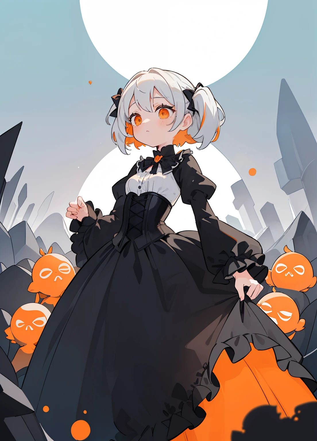 (masterpiece、Highest quality、Highest quality、Official Art、Beautiful and beautiful:1.2)、(One girl:1.3)Hatsune Miku、Twin tails,Beautiful breasts,((orange and white hair)),(Short Straight Hair),((She is wearing a mask like one would wear at a masquerade ball.........)),((Eye covering mask)),((Show off your body line beautifully、One-piece dress with a flowing silhouette.,orange and silver and black dress)),(Flared sleeves),((corset)),((The hem of the dress is long enough to reach the ground.)),(A chaotic worldview mixed with black, orange and silver),(Tartarus),(Hellish world),((abyss)),((Have the hem of the dress、please accept me as a nobleman'Daughter of....)),(Sad face),((The hem of the dress sways as if dancing........))