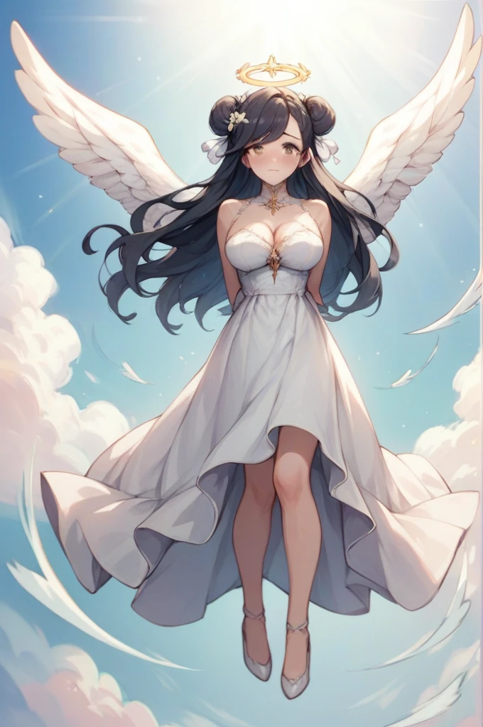 masterpiece, best quality, 1 girl, solo, large breasts, light brown eyes, swept bangs, black hair, double hair buns hair, embarrassed, a beautiful angel with white wings, flying gracefully in a clear blue sky with fluffy white clouds. angel has a serene expression, long hair, and is dressed in a white gown. sunlight shines down, casting a heavenly glow around the angel. (full body:1.2), (arms behind back:1.3), (flying:1.3)