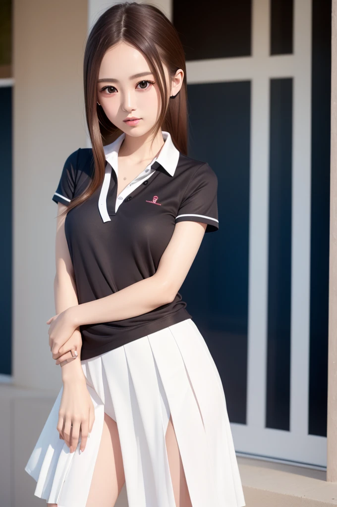 ((Highest quality))、((masterpiece))、(detailed)、One girl、Sexy Takagi、Long Hair、White polo shirt、Pleated skirt、Blue skirt bbtakagi、Long Hair、Low ponytail、clavicle、