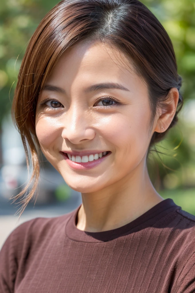 ((Highest quality)), ((masterpiece)), (detailed), Japanese, 30 years old, Beauty, front,Diagonal orientation、smile, Nagoya,Facial wrinkles,Natural Photography,part-time job