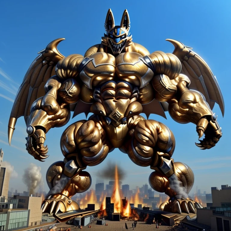 (situation 1 : dominating Shiny_Mega_Lucario. Shiny_Mega_Lucario is over 1000 meters long. focus GIANT mechanical Muscular Shiny_Mega_Lucario is trampling the city. Looking down. macro. stomp. Low-angle perspective. emphasizing the immense size.)

(situation 2 :smoke and flames rising from the destruction in the city)

(Additional details 1: wearing a full-face helmet. golden armor. garo. high-tech bio-mecha armor. real texture material. whole body shines like metal. Wearing cyberpunk mecha. emphasizes the muscles. suit fully made of metal. suit fully made of metal. cyborg.).

(Additional details 2: (Detailed head. Detailed Body. Detailed abs. gigantic muscles. HYPER MUSCLES. Gigachad Muscular. big muscle. pecs. triceps. traps. unusually developed muscular body. body full of huge muscles. showing off muscles. pectorales enormes. Exaggeratedly huge muscles. huge muscles. long legs.).

(Additional details 3: Spread wings. It has wings. have big wings. The claws are sharp. Sharp teeth).