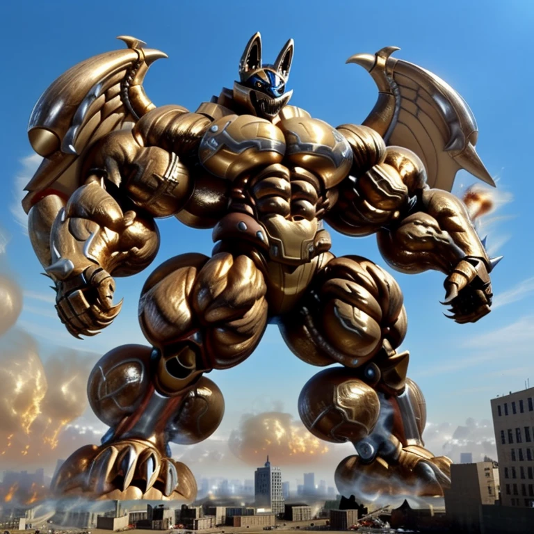 (situation 1 : dominating Shiny_Mega_Lucario. Shiny_Mega_Lucario is over 1000 meters long. focus GIANT mechanical Muscular Shiny_Mega_Lucario is trampling the city. Looking down. macro. stomp. Low-angle perspective. emphasizing the immense size.)

(situation 2 :smoke and flames rising from the destruction in the city)

(Additional details 1: wearing a full-face helmet. golden armor. garo. high-tech bio-mecha armor. real texture material. whole body shines like metal. Wearing cyberpunk mecha. emphasizes the muscles. suit fully made of metal. suit fully made of metal. cyborg.).

(Additional details 2: (Detailed head. Detailed Body. Detailed abs. gigantic muscles. HYPER MUSCLES. Gigachad Muscular. big muscle. pecs. triceps. traps. unusually developed muscular body. body full of huge muscles. showing off muscles. pectorales enormes. Exaggeratedly huge muscles. huge muscles. long legs.).

(Additional details 3: Spread wings. It has wings. have big wings. The claws are sharp. Sharp teeth).